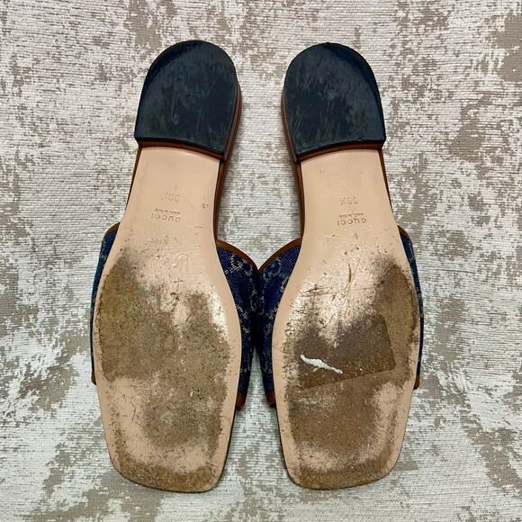 Gucci Jolie Double G Denim Logo & Cognac Leather Slides - Picture 6 of 13